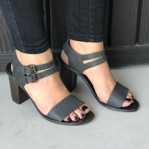 Black Studs Smooth Leather Block Heel Sandals - Picture 2 of 8